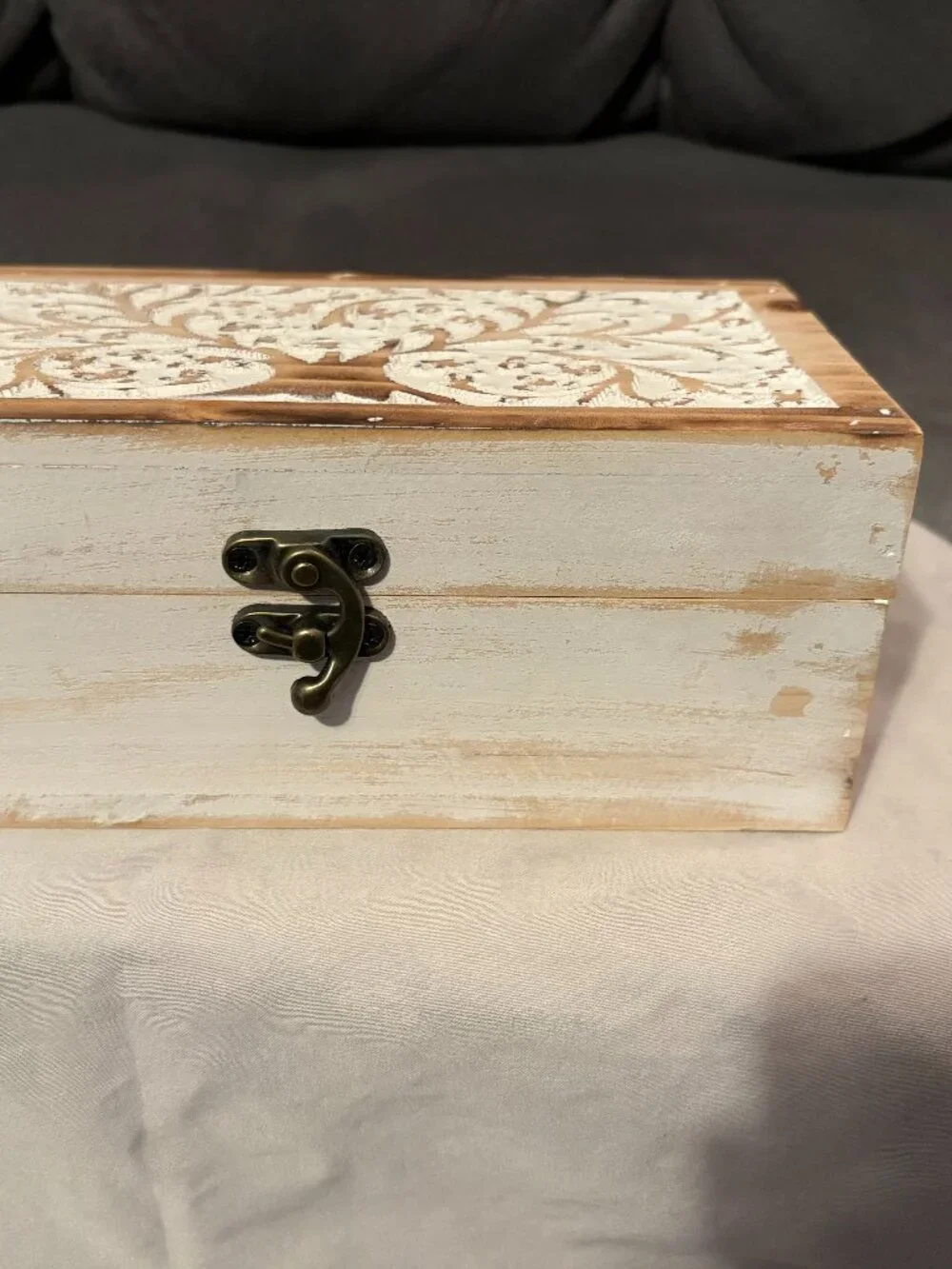 Carved Mango Wooden Box-Rustic Farmhouse w/ Hinged Lid-Whitewashed-8